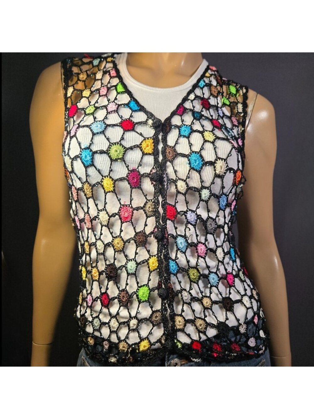 Vintage Beaded Fishnet Multicolor Crochet Cardigan Sleeveless Vest Size M Boho